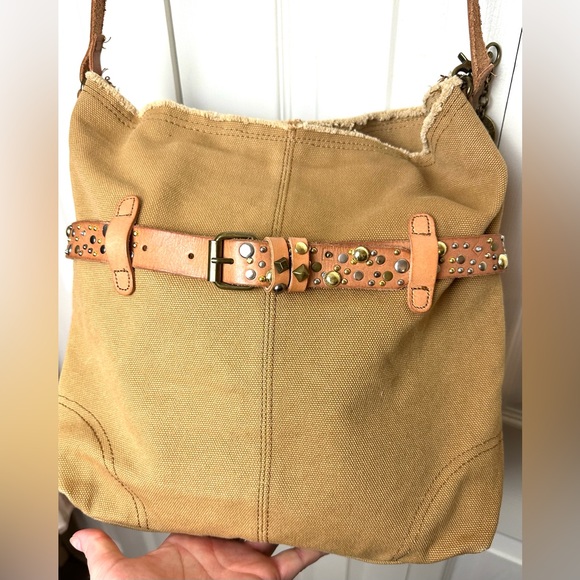 LUCKY BRAND Calexico Crossbody Purse Canvas Leather Studded Camel Tan Brown - Picture 3 of 16